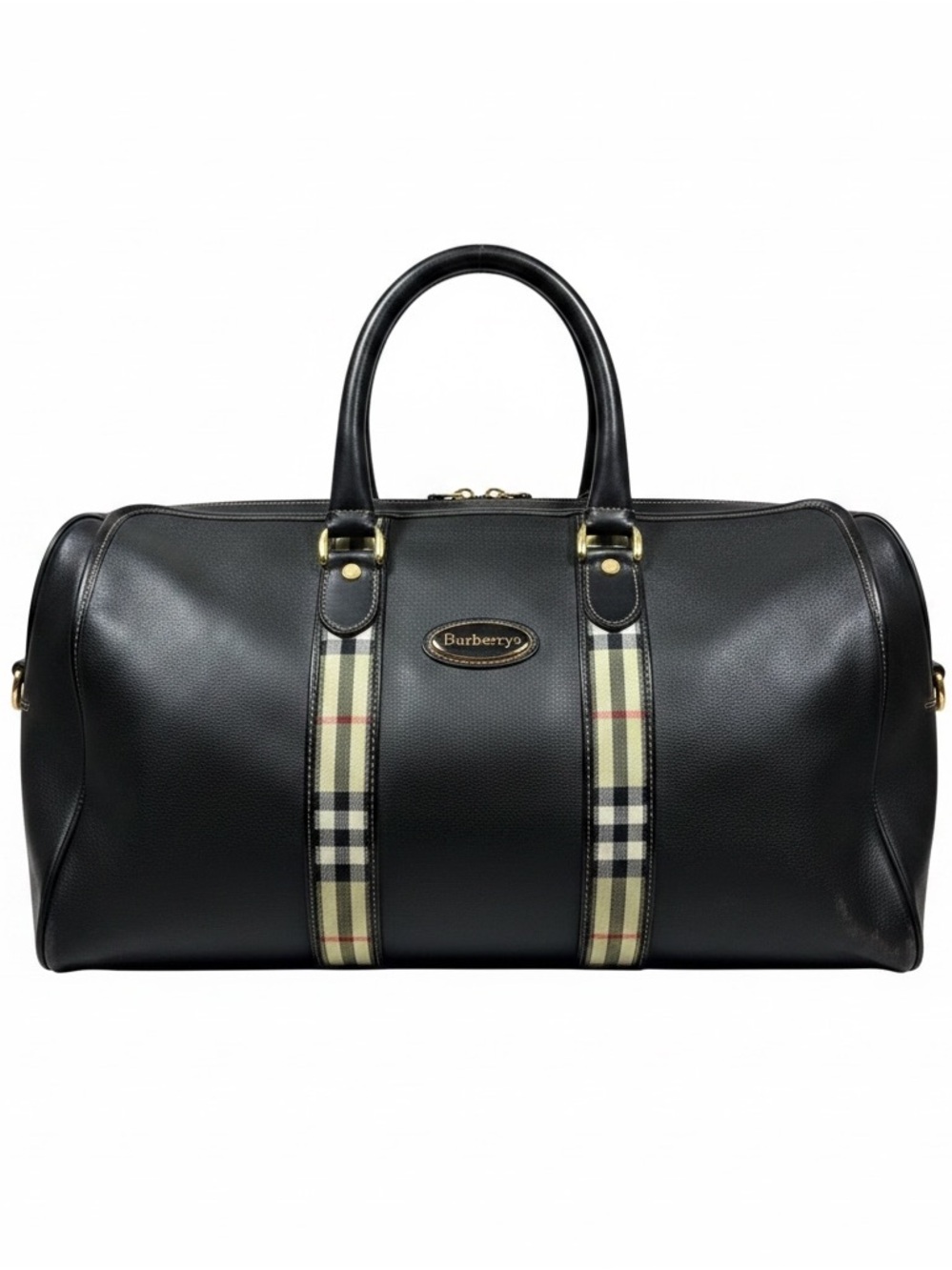 Burberry Black Leather Duffel with Signature Check Straps